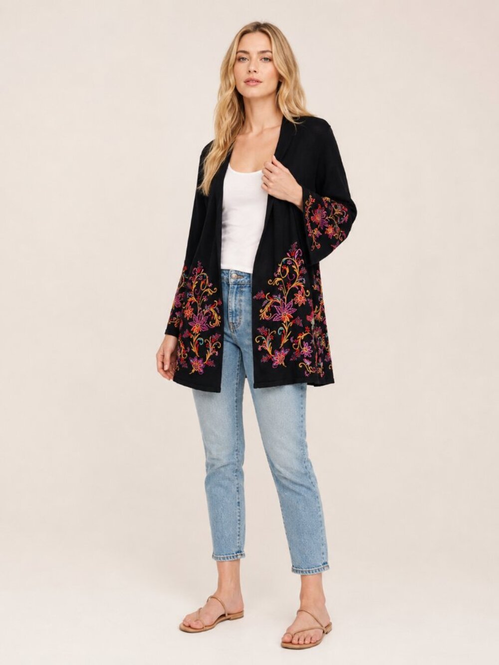 Chico's Floral Embroidered Open Kimono Cardigan Black Multi 16 #A4227